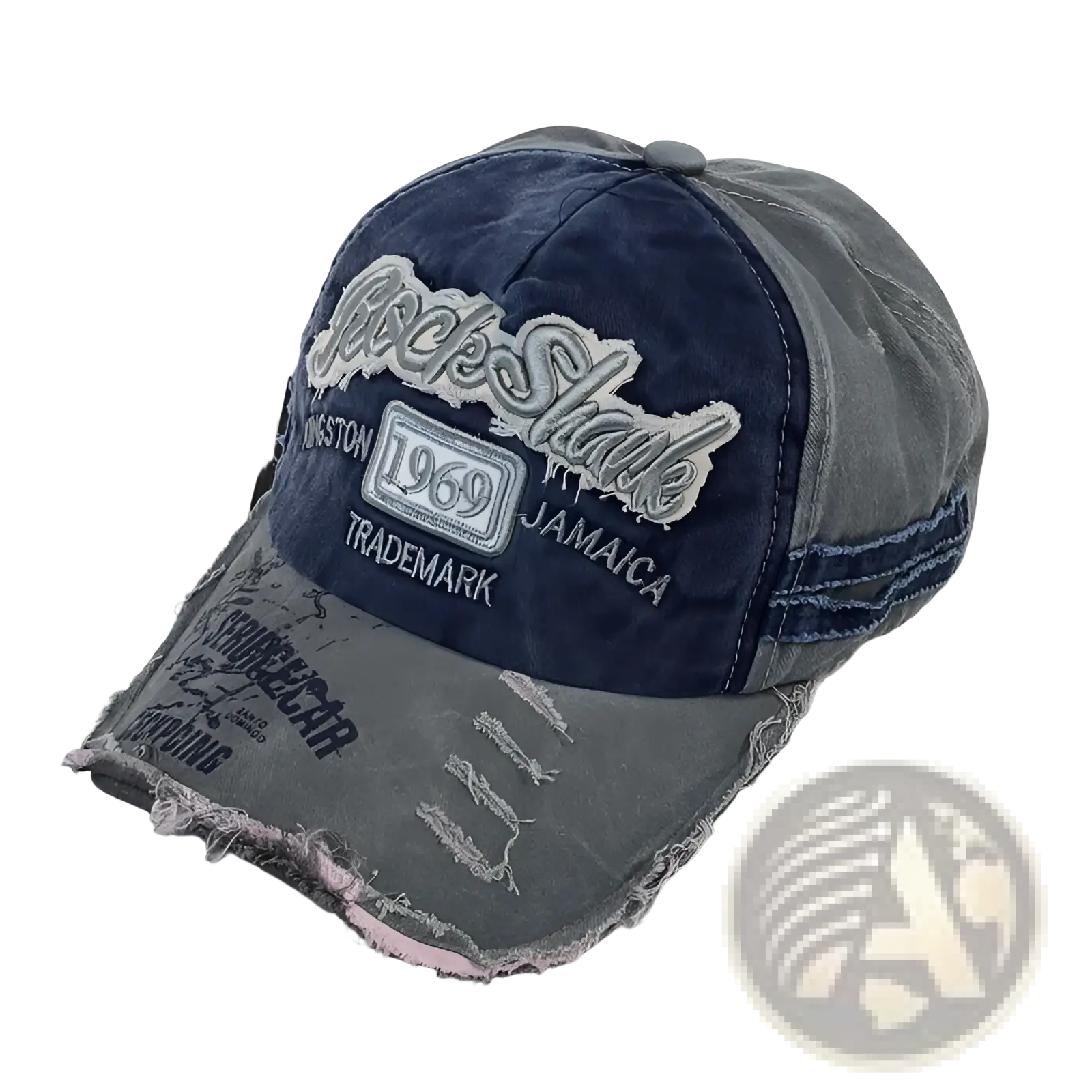 Baseball cap distressed vintage jamaica 1969 with faded blue and gray denim panels and white embroidered text