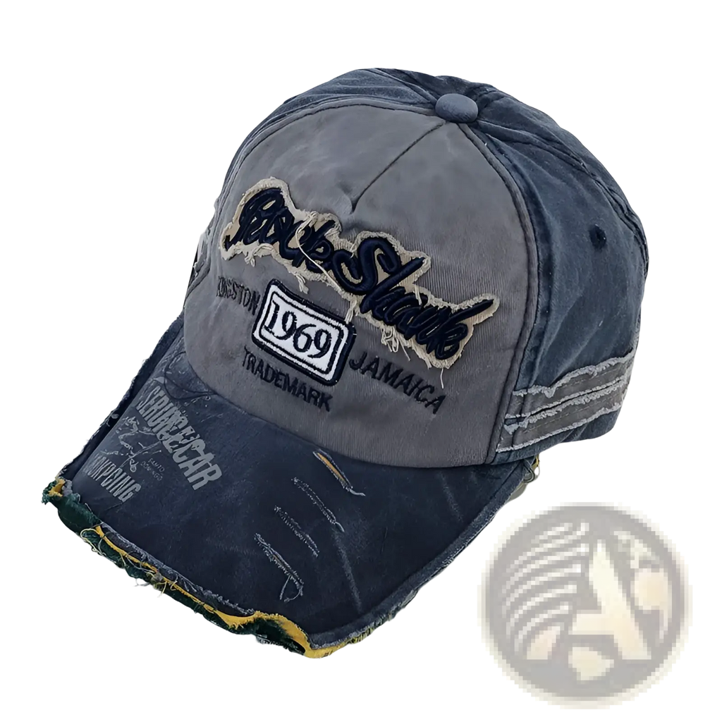 Baseball cap distressed vintage jamaica 1969 with faded gray and navy blue panels and embroidered rockers shave script