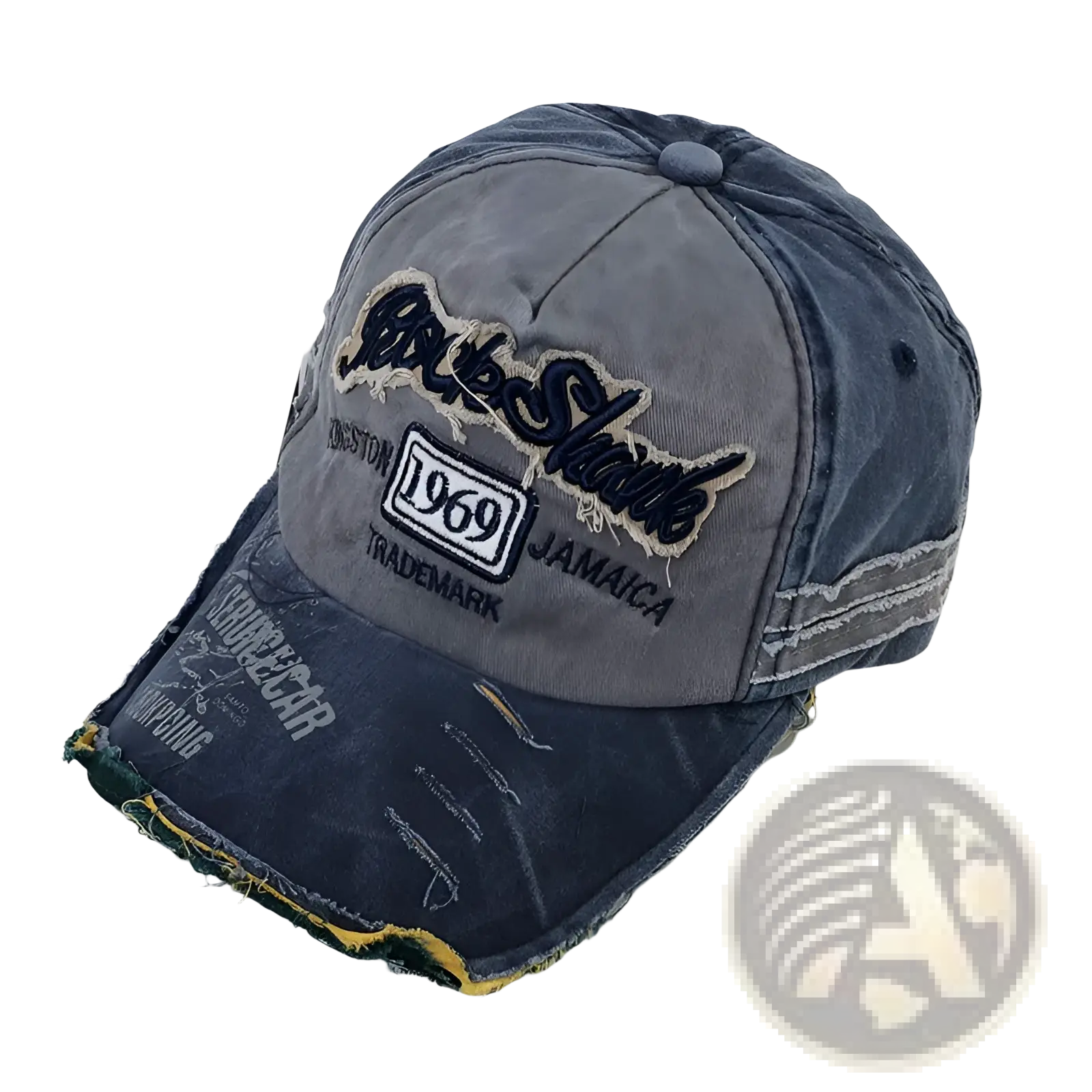 Baseball cap distressed vintage jamaica 1969 with faded gray and navy blue panels and embroidered rockers shave script