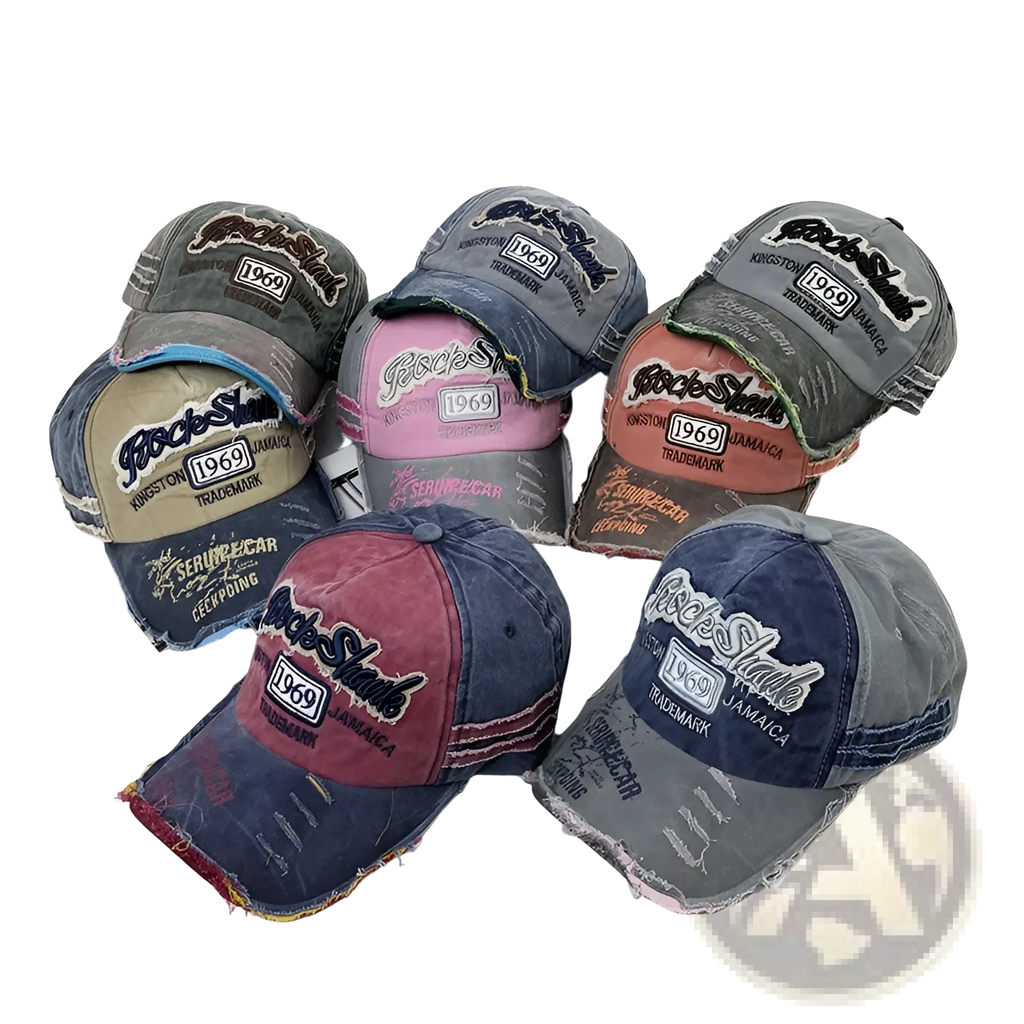 Baseball cap distressed vintage jamaica 1969 in assorted colors featuring rockshark 1969 jamaica branding and embroidery