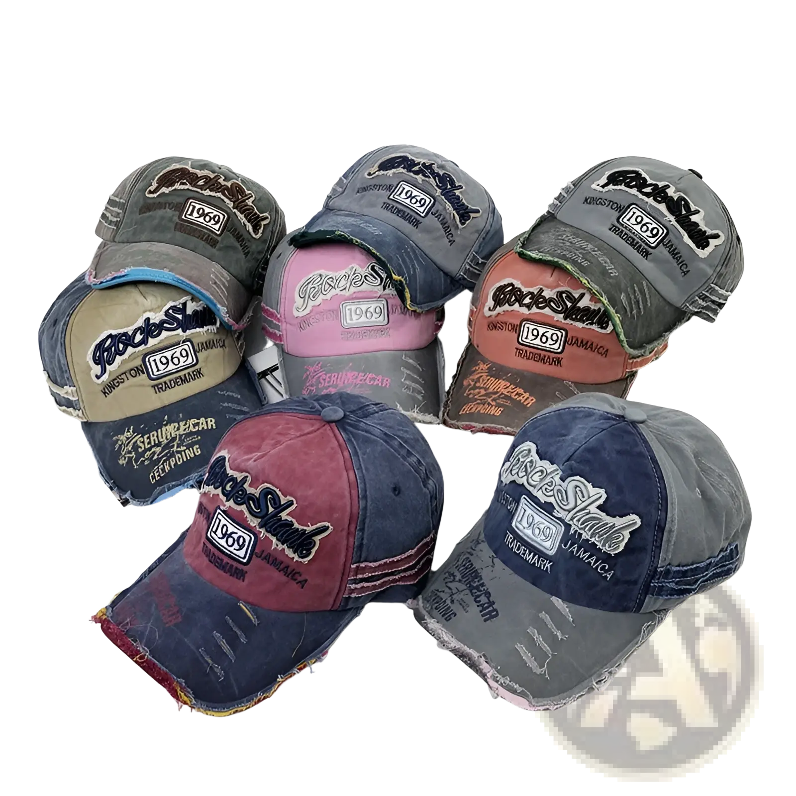 Baseball cap distressed vintage jamaica 1969 in assorted colors featuring rockshark 1969 jamaica branding and embroidery