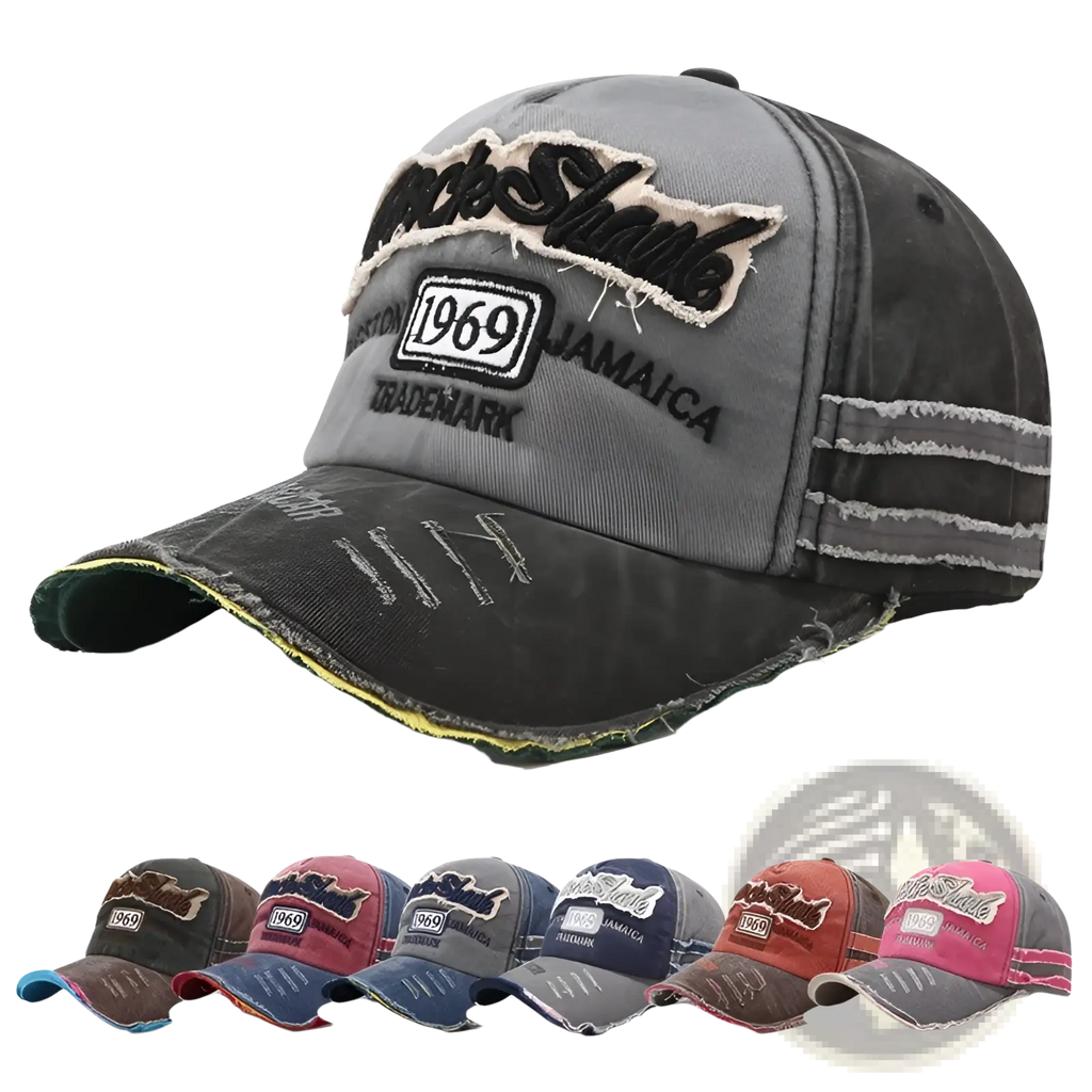 Distressed gray baseball cap with frayed edges embroidered rocks shamb logo and 1969 Jamaica trademark patch