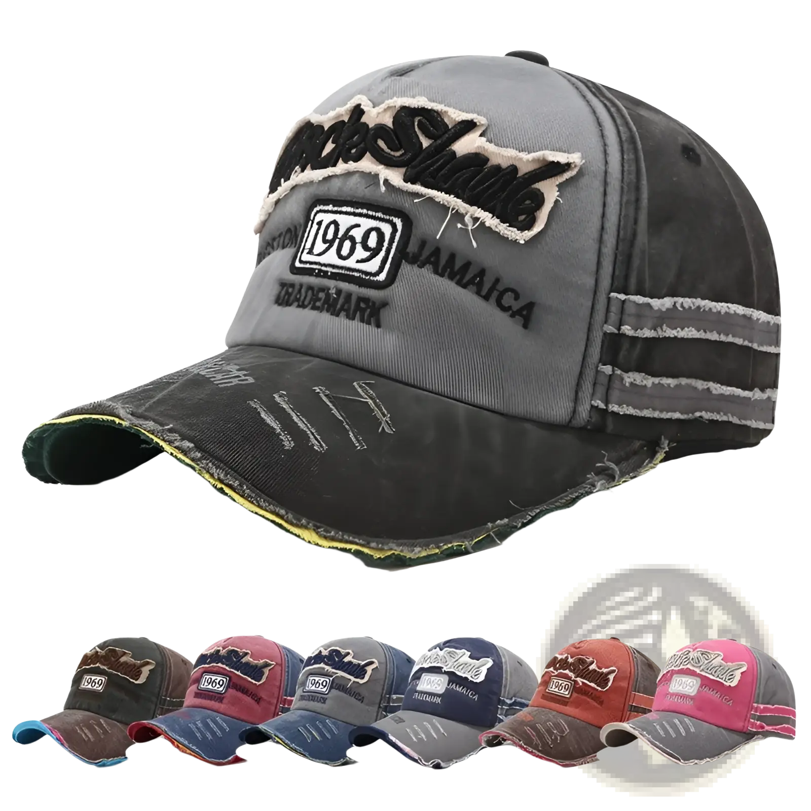 Distressed gray baseball cap with frayed edges embroidered rocks shamb logo and 1969 Jamaica trademark patch