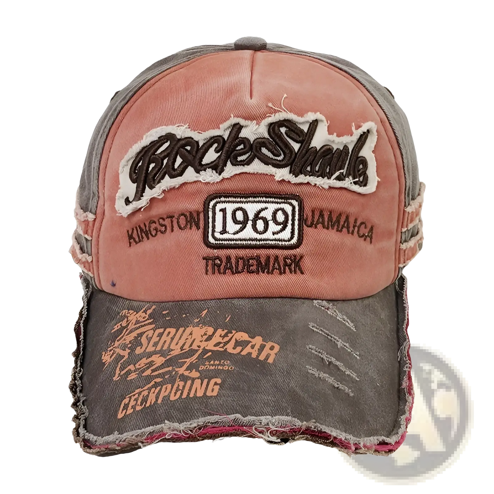 Baseball cap distressed vintage jamaica 1969 in pink and gray with frayed edges and faded orange rockshark patch