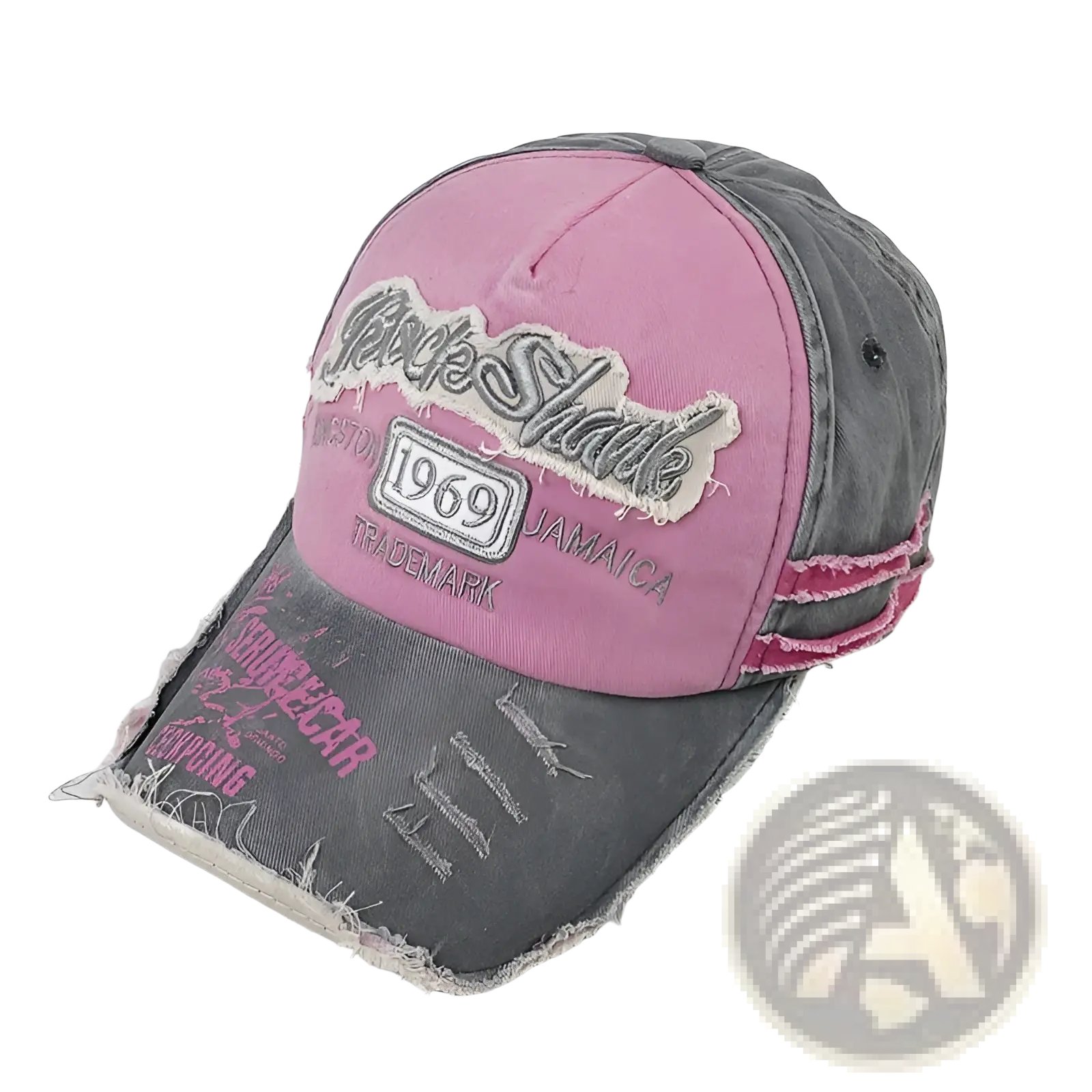 Baseball cap distressed vintage jamaica 1969 in pink and gray with frayed edges and faded rocky shale patch