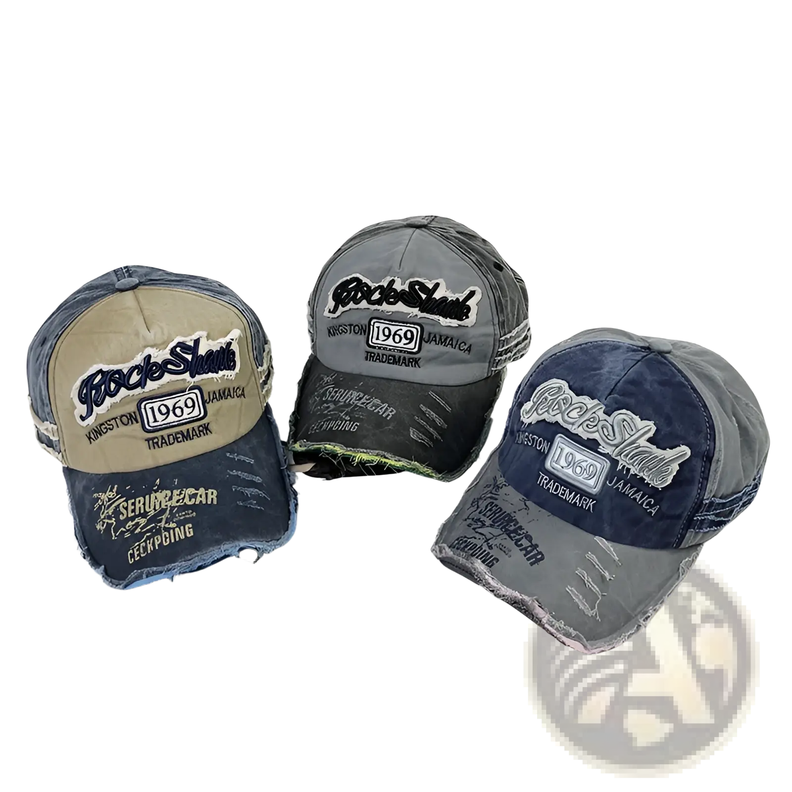 Three distressed denim baseball caps in faded blue gray and beige with embroidered rock shark logos vintage style text