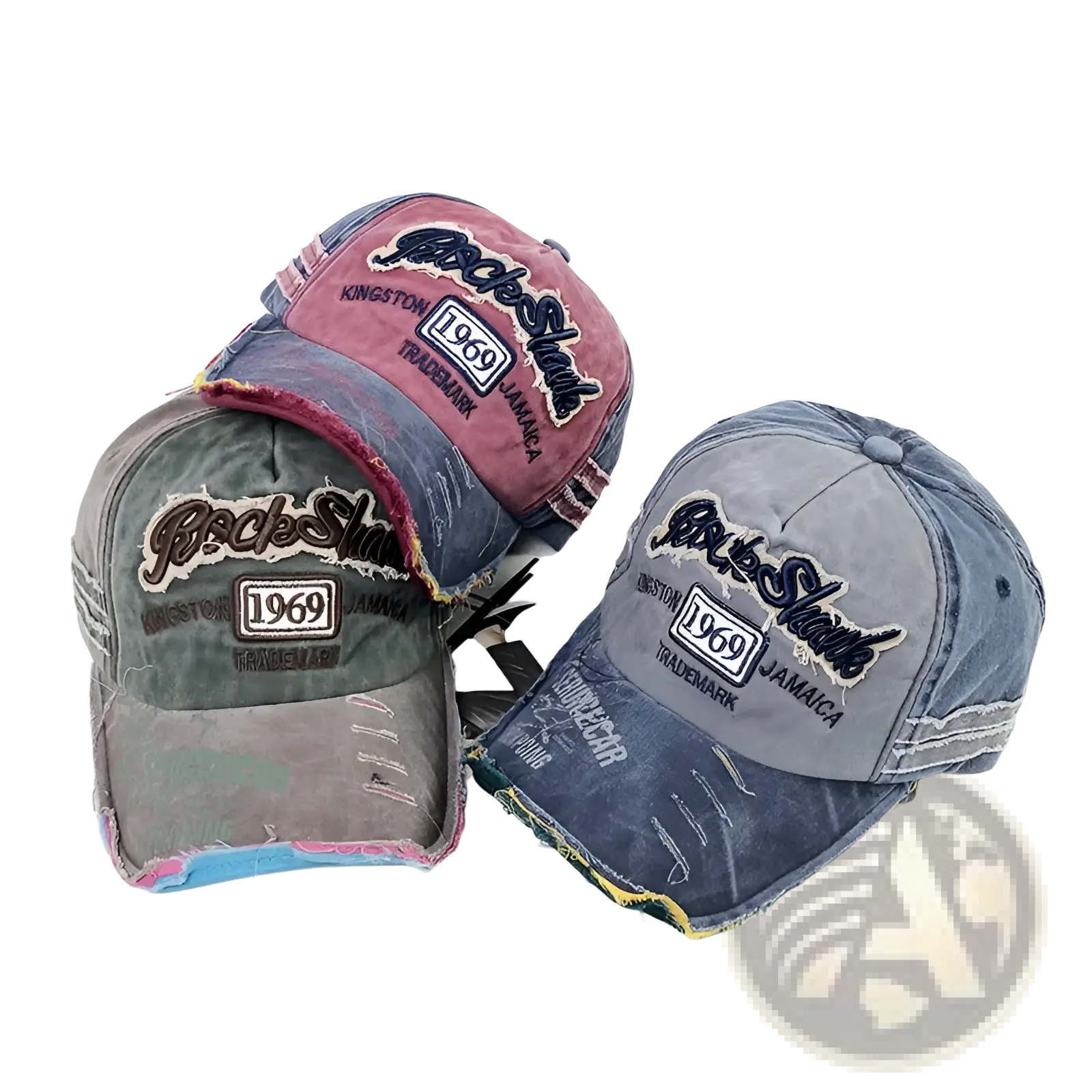 Three distressed denim baseball caps with faded rockeshark 1969 jamaica patch and frayed edges in vintage style