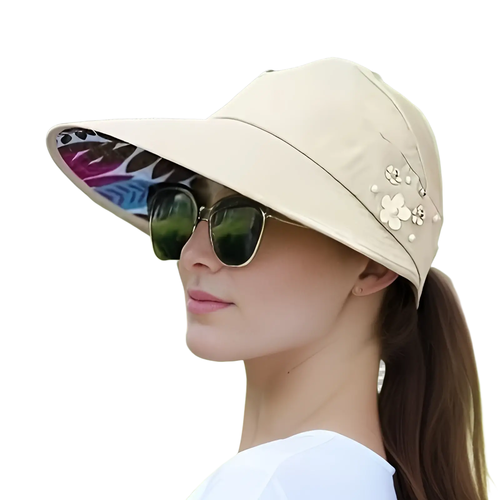 Beige lightweight casual baseball cap with colorful floral brim underside and white flower embellishments unisex sun hat