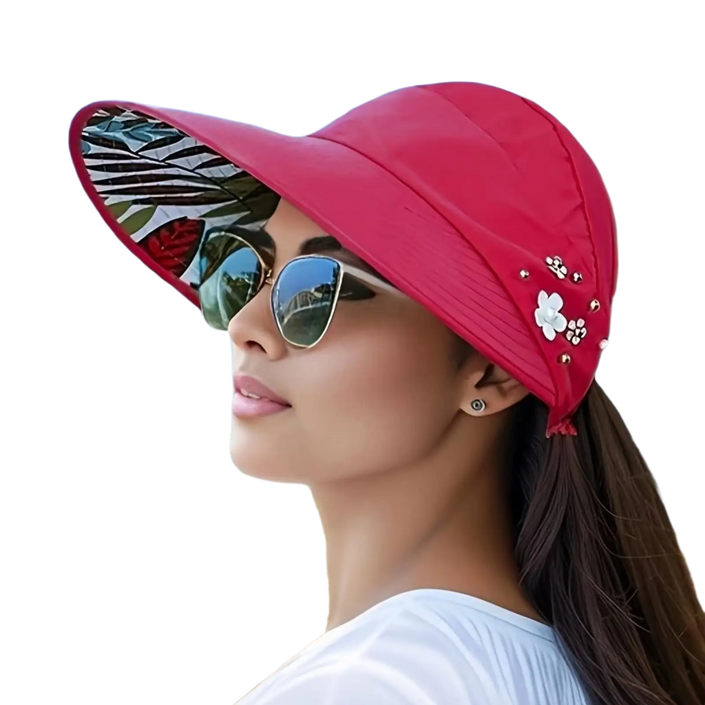 Baseball cap lightweight casual sun hat unisex with vibrant red exterior and tropical leaf-patterned underside