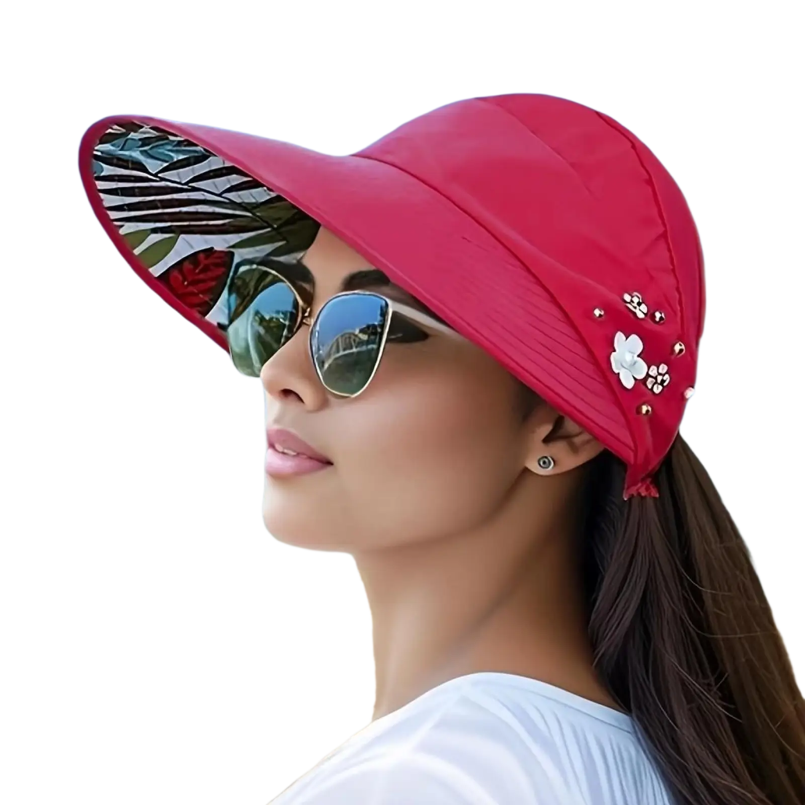 Baseball cap lightweight casual sun hat unisex with vibrant red exterior and tropical leaf-patterned underside