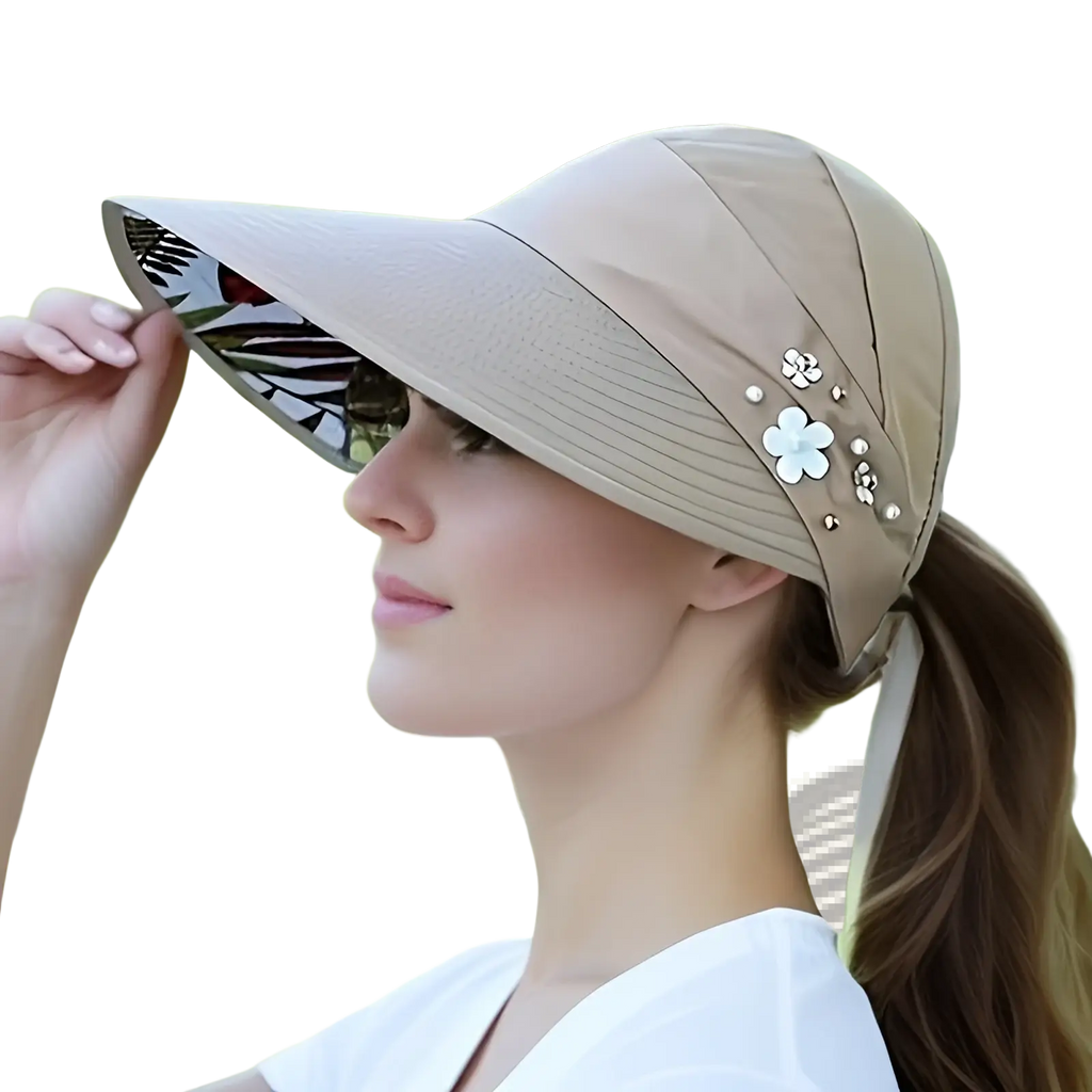 Beige lightweight casual baseball cap sun hat with floral interior and white flower embellishments unisex design