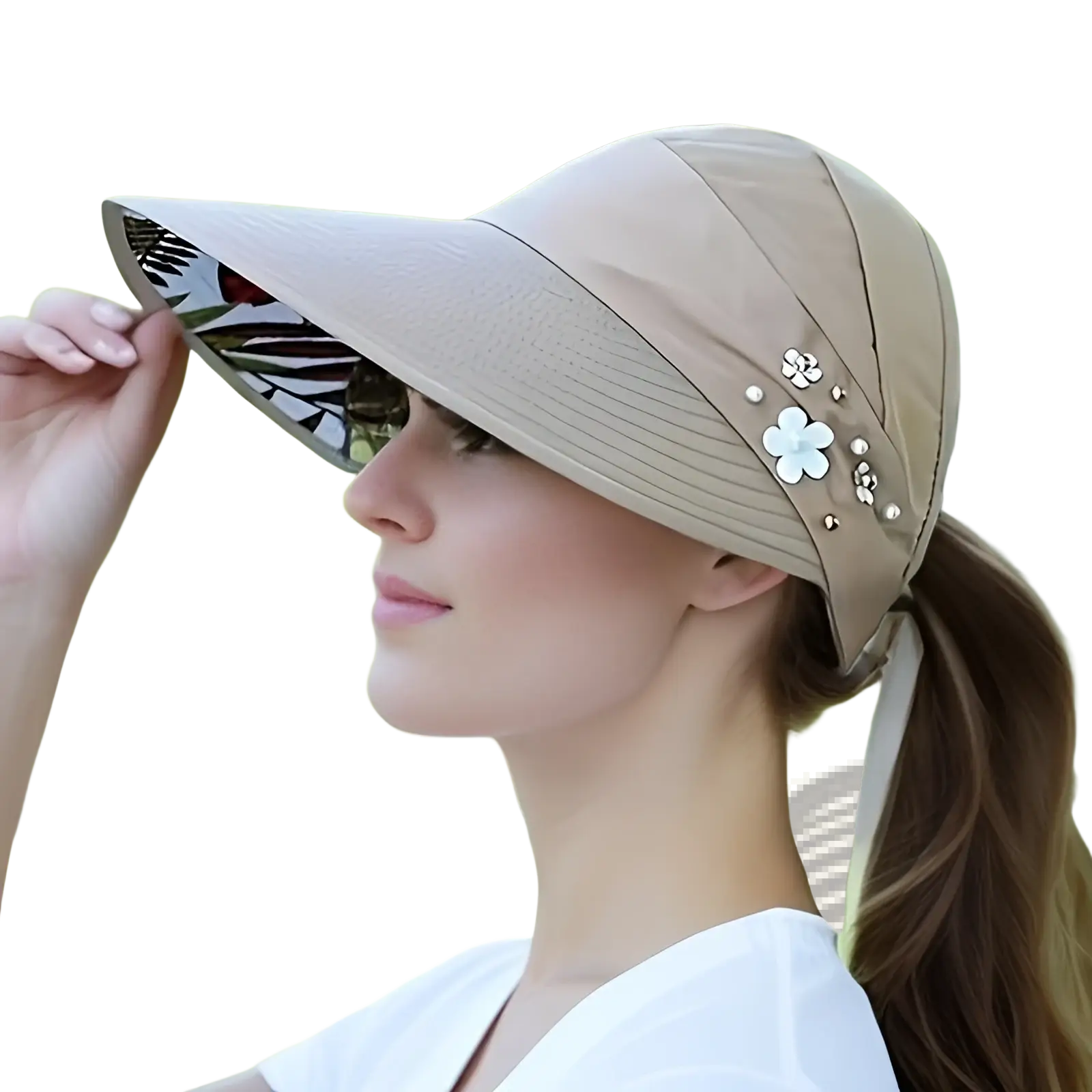 Beige lightweight casual baseball cap sun hat with floral interior and white flower embellishments unisex design