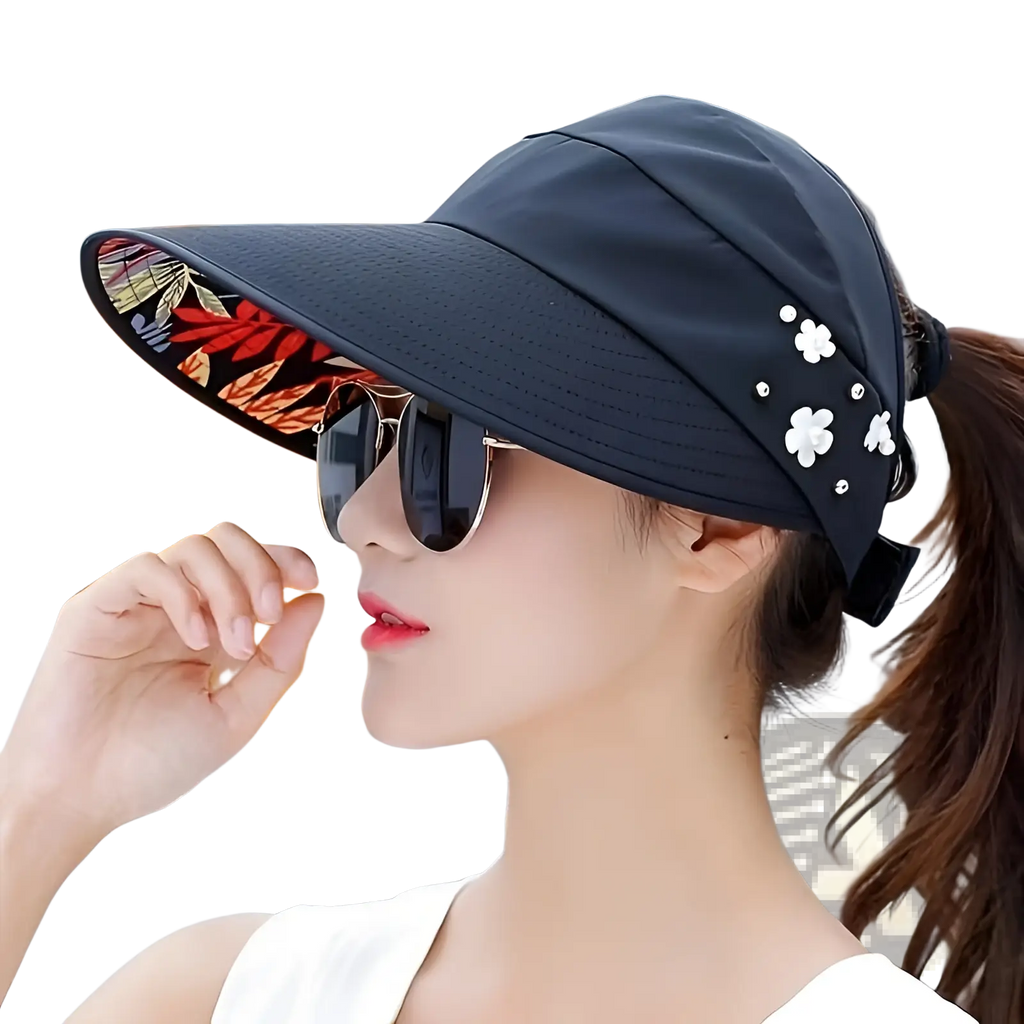 Black lightweight casual unisex baseball cap with floral-patterned brim and white flower embellishments
