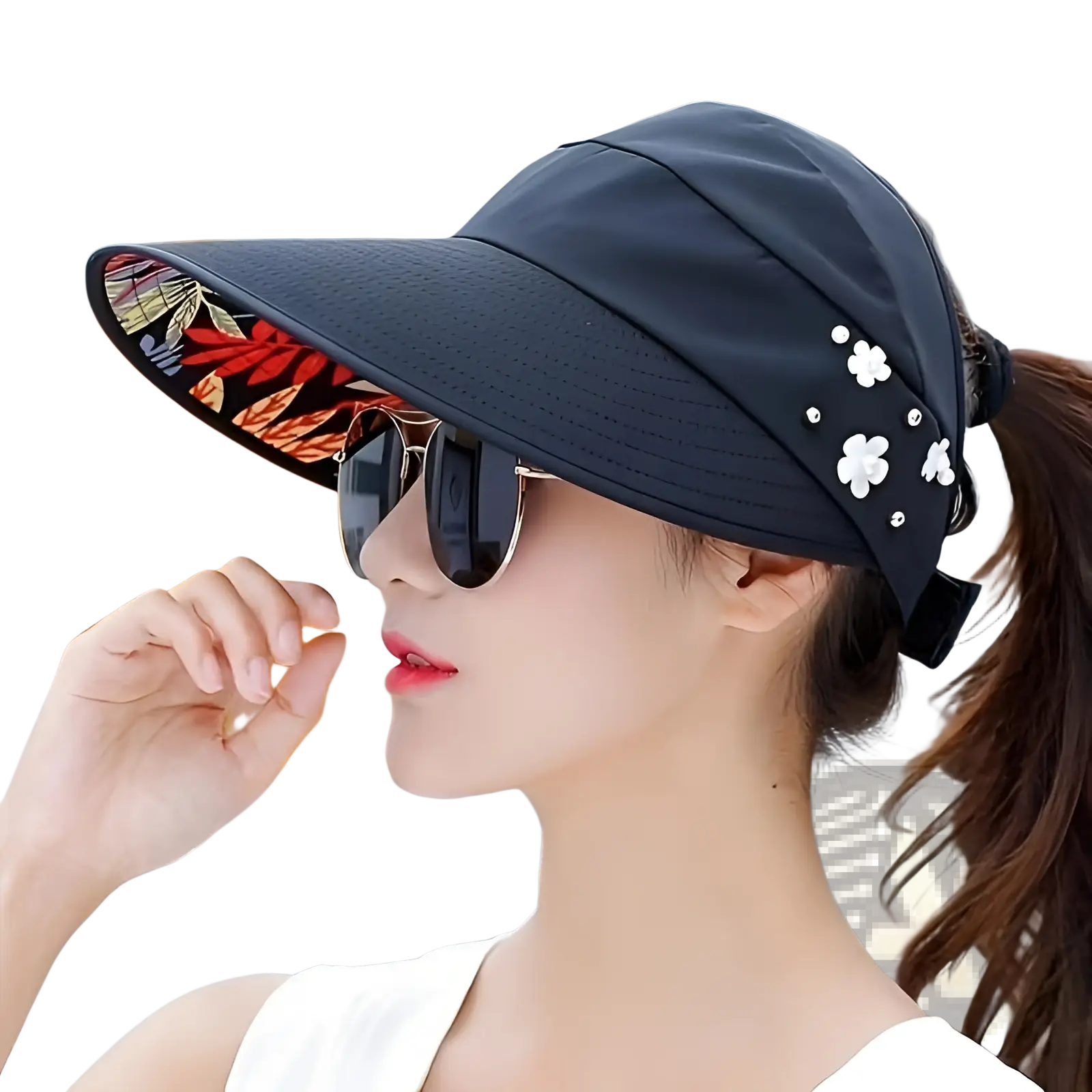 Black lightweight casual unisex baseball cap with floral-patterned brim and white flower embellishments