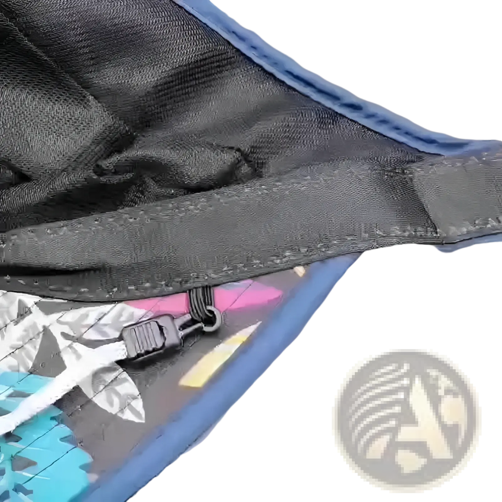 Blue-trimmed black fabric pouch with zipper and colorful geometric interior for baseball cap lightweight casual sun hat unisex