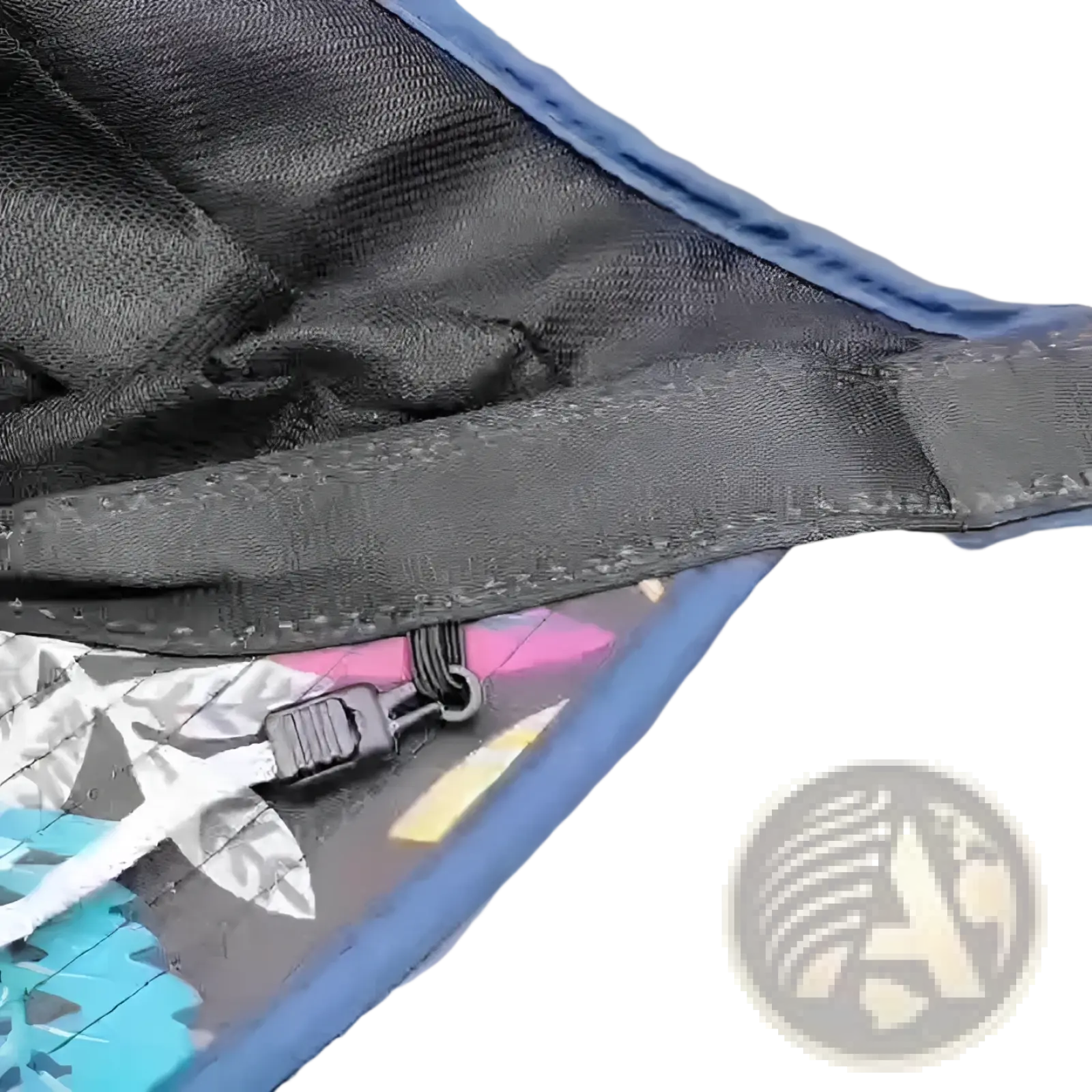 Blue-trimmed black fabric pouch with zipper and colorful geometric interior for baseball cap lightweight casual sun hat unisex