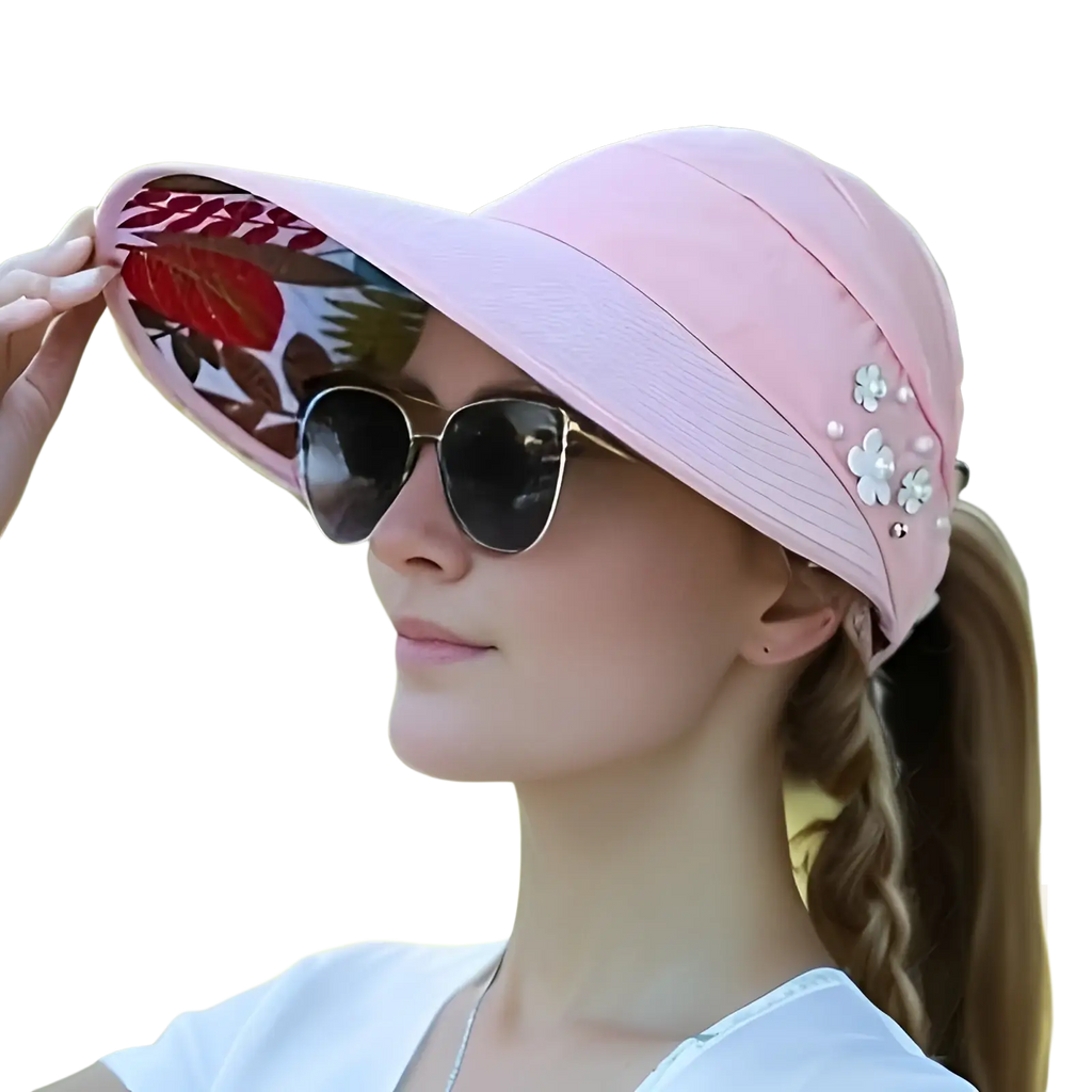 Lightweight casual unisex baseball cap in pink with a floral patterned brim and white flower embellishments