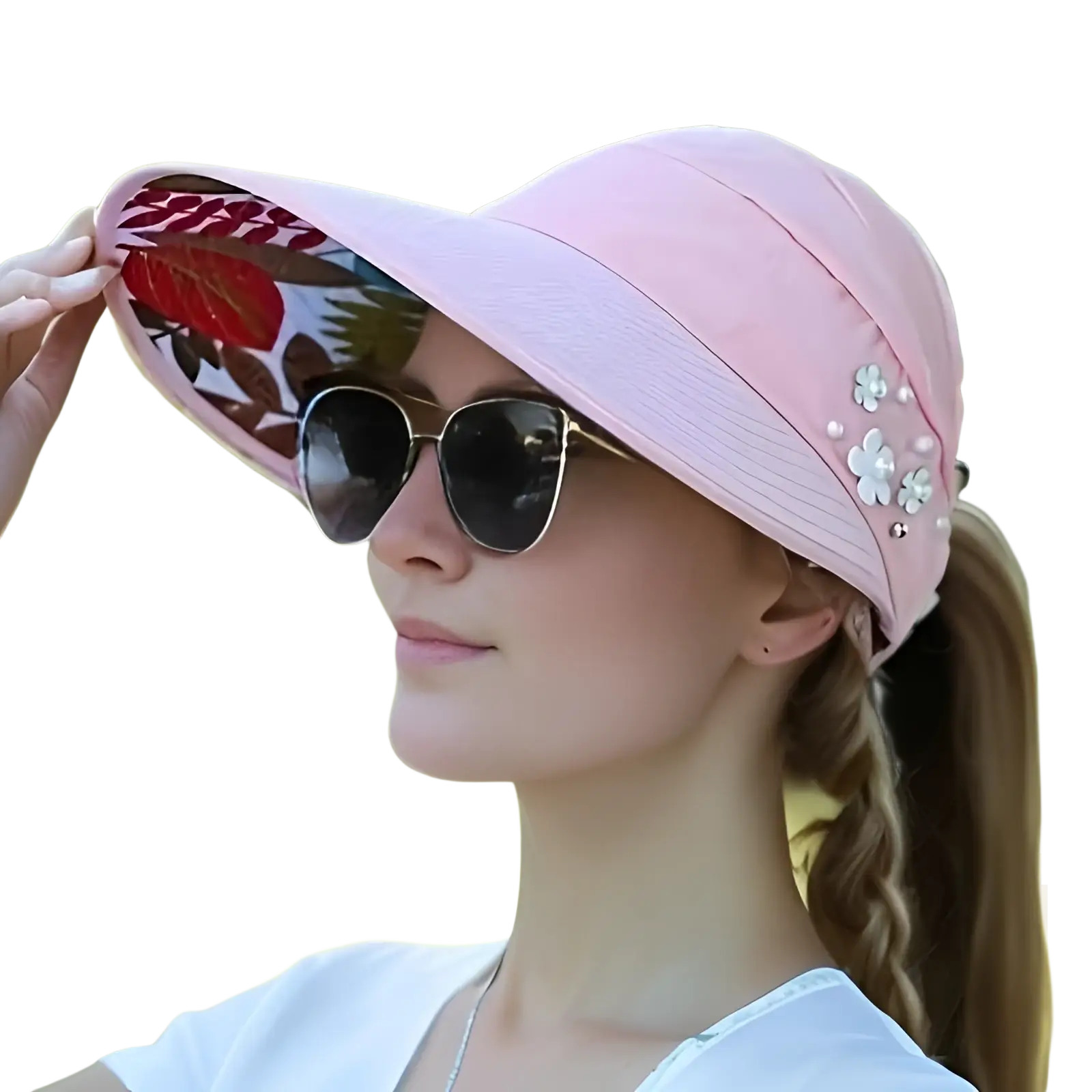 Lightweight casual unisex baseball cap in pink with a floral patterned brim and white flower embellishments