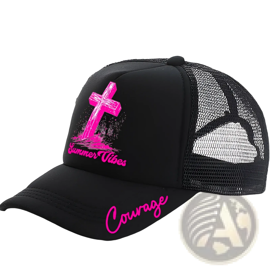 Black trucker baseball cap with vibrant pink cross summer vibes text and courage script accent on the brim