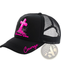 Black trucker baseball cap with vibrant pink cross summer vibes text and courage script accent on the brim