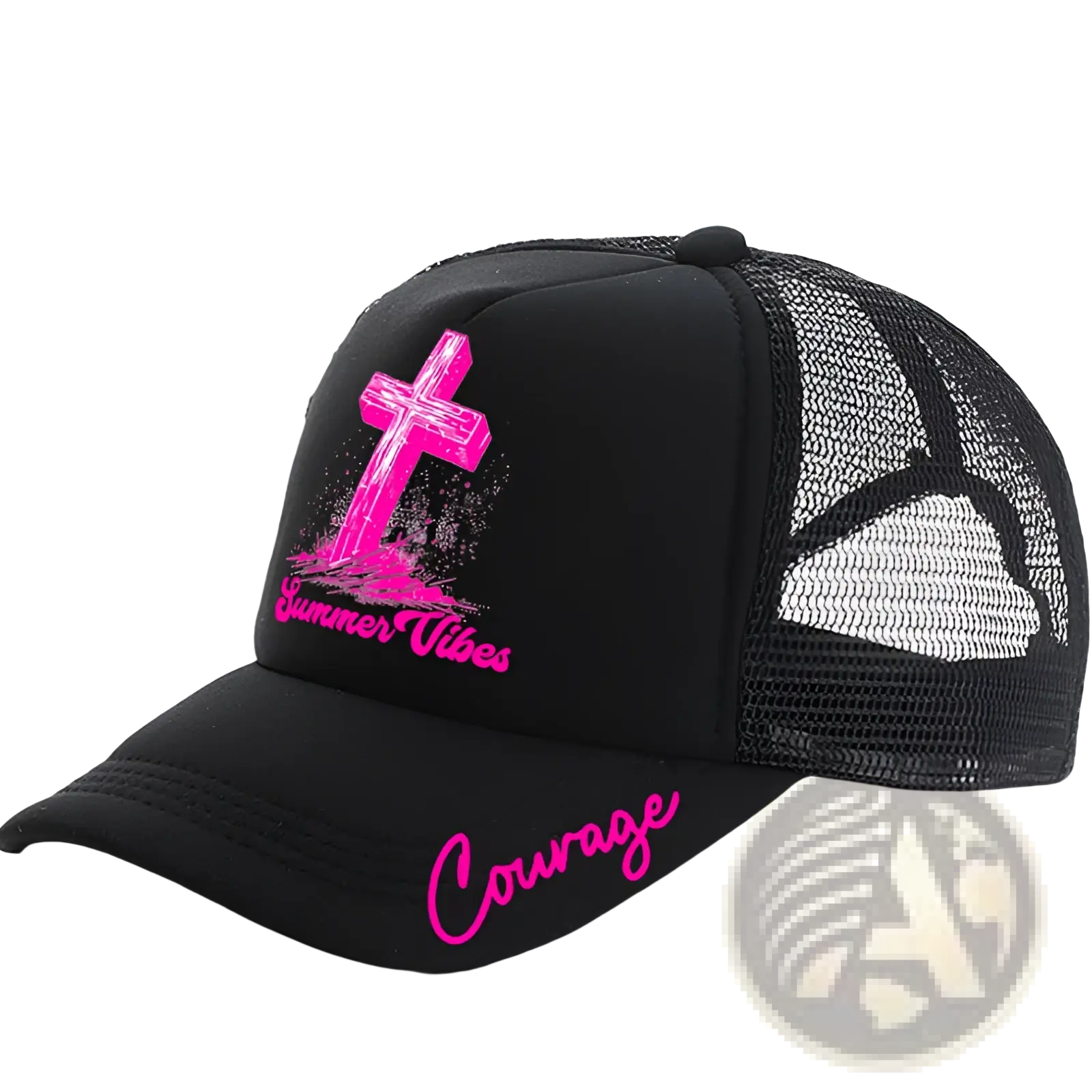 Black trucker baseball cap with vibrant pink cross summer vibes text and courage script accent on the brim