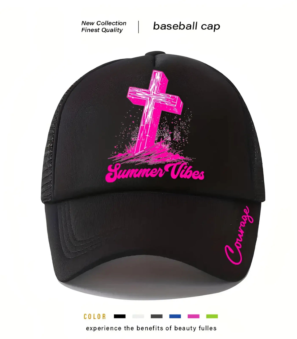 Black baseball cap with vibrant pink cross summer vibes graphic and pink courage script on the brim trucker hat