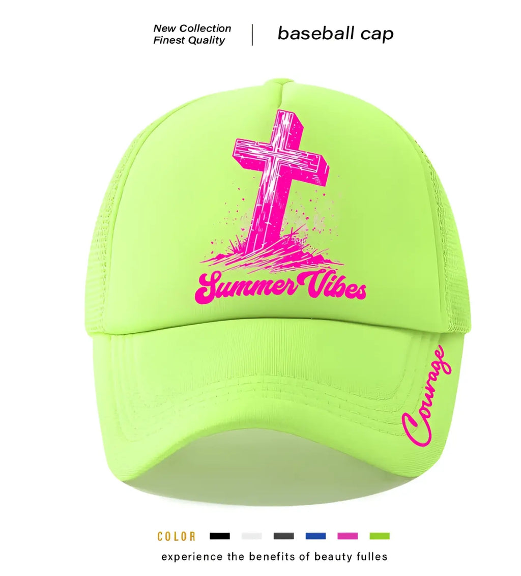 A neon green baseball cap with a pink cross and summer vibes text featuring courage embroidery on the brim