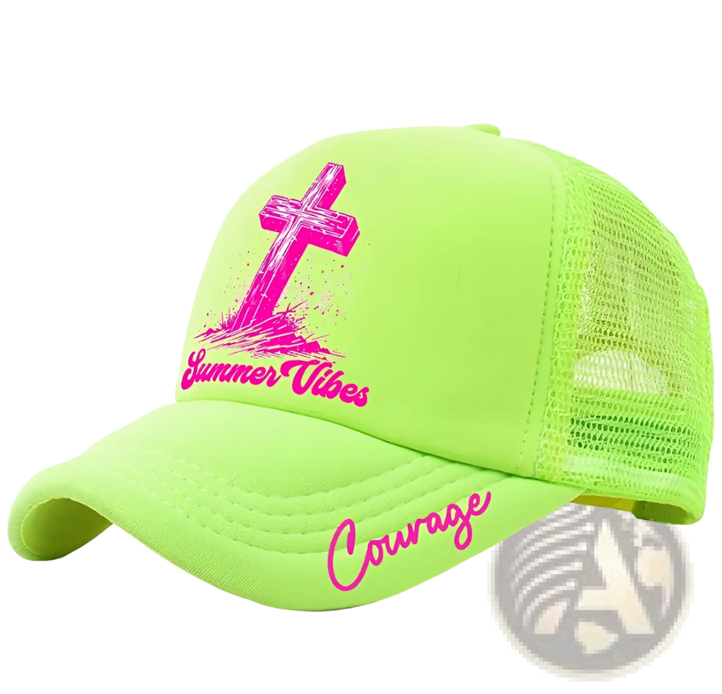 Neon green trucker baseball cap with pink cross and summer vibes graphic featuring courage cursive brim text