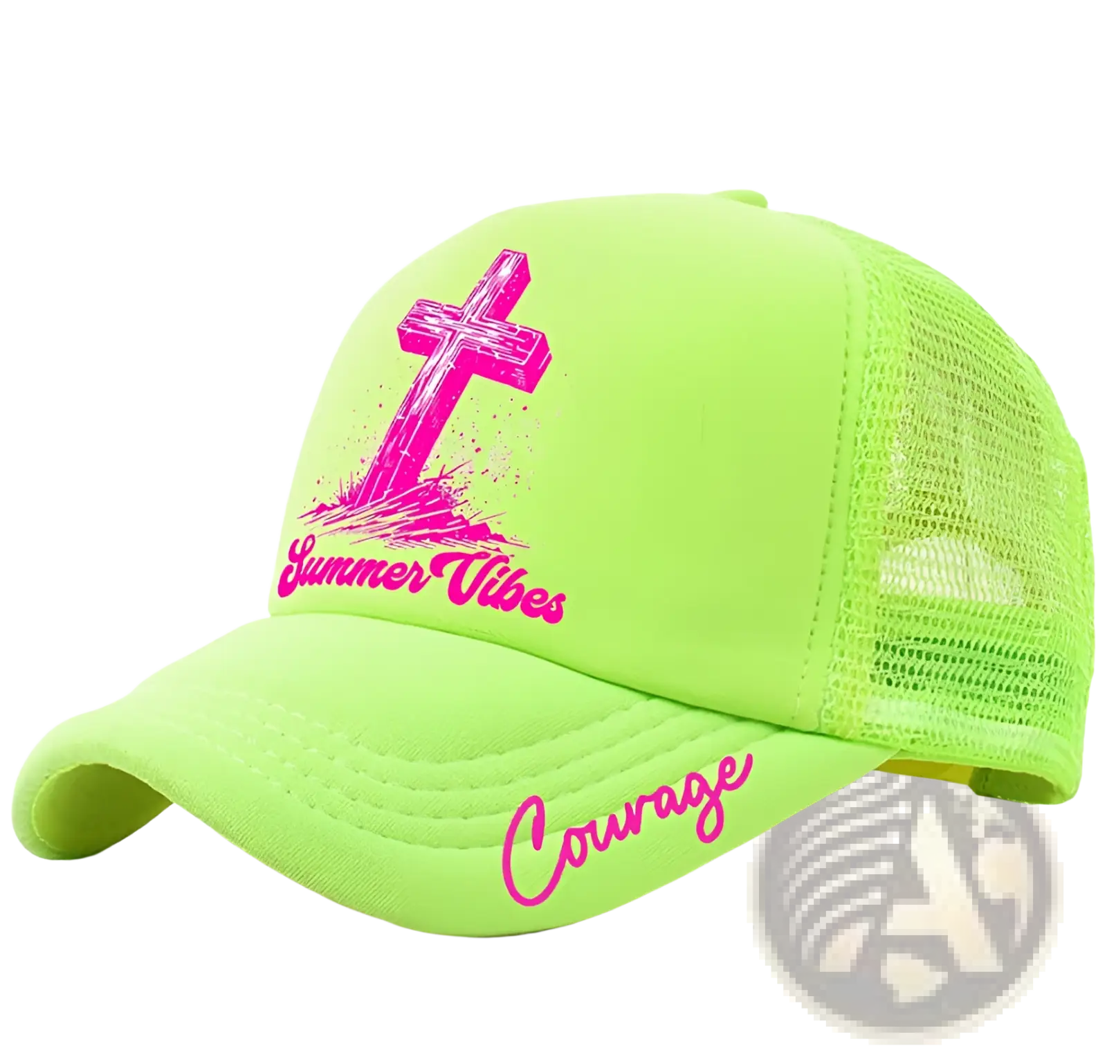 Neon green trucker baseball cap with pink cross and summer vibes graphic featuring courage cursive brim text