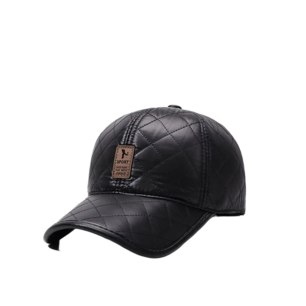 Black quilted leather baseball cap with warm ear flaps and brown rectangular patch suitable as a christmas hat