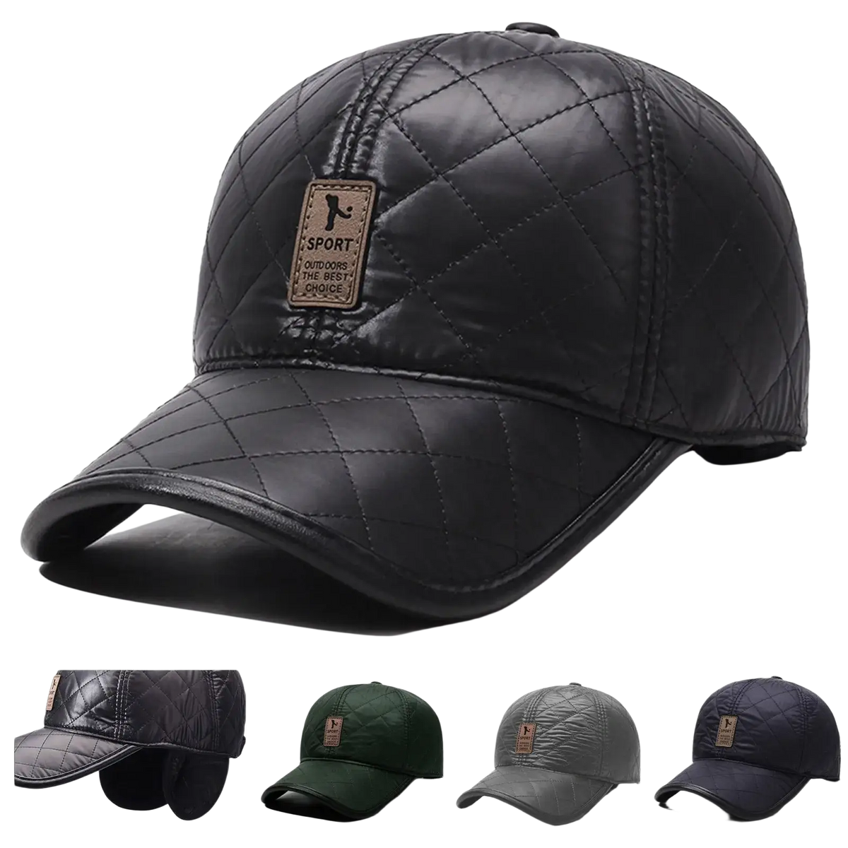 Black quilted leather baseball cap with warm ear flaps and brown patch reading sport outdoors the best choice christmas hat