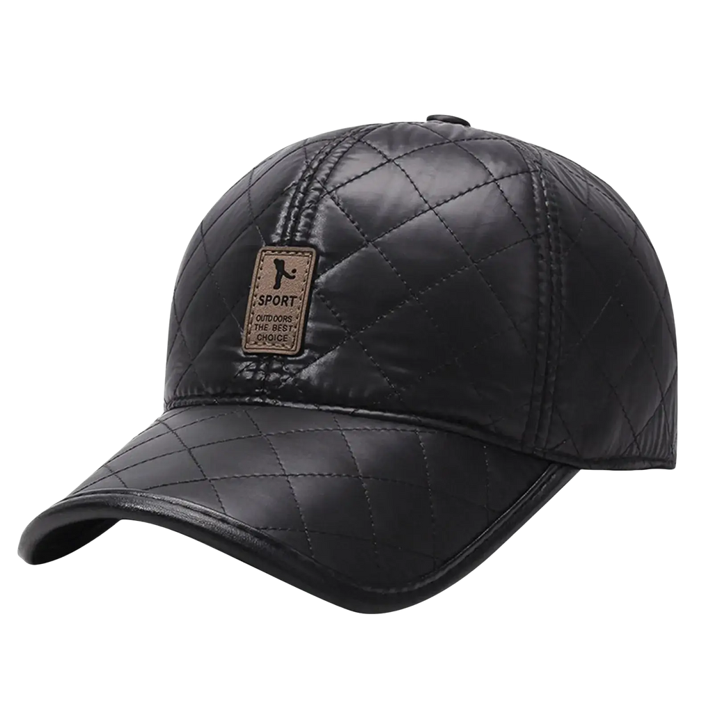 Black quilted leather baseball cap with warm ear flaps and brown patch for outdoor use and christmas hats