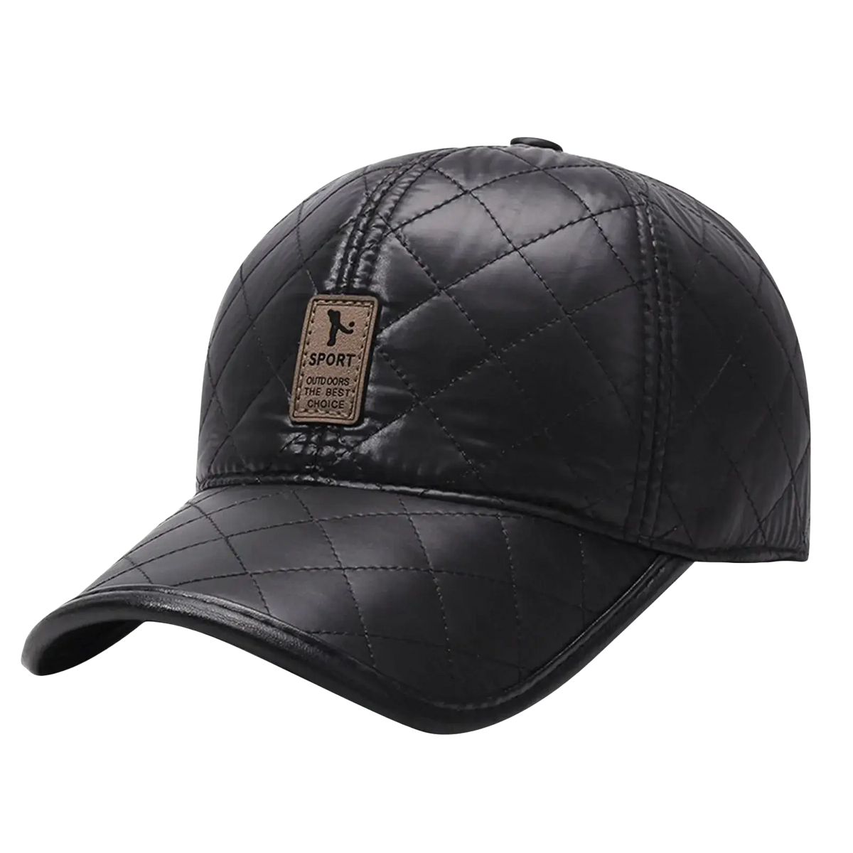 Black quilted leather baseball cap with warm ear flaps and brown patch for outdoor use and christmas hats