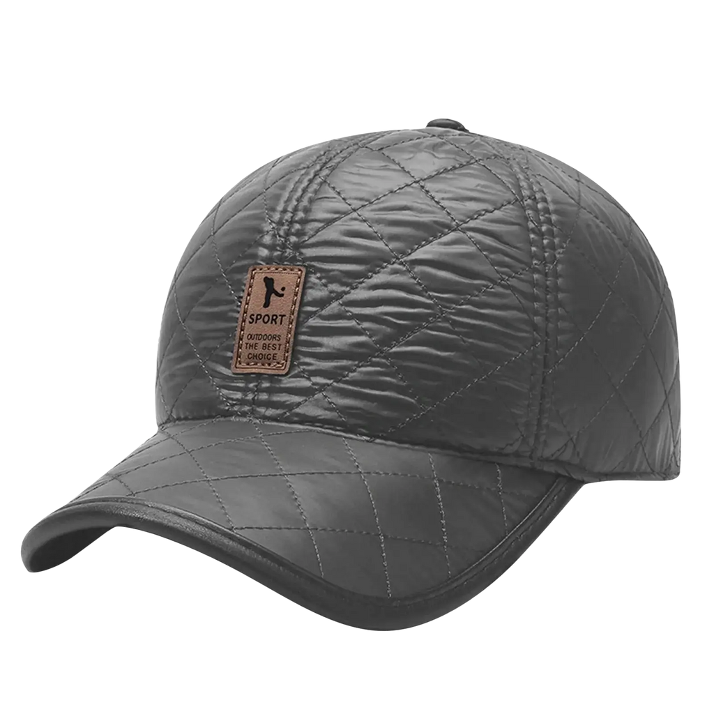 Dark gray quilted baseball cap with warm ear flaps and brown leather patch for outdoor sport use christmas hats option