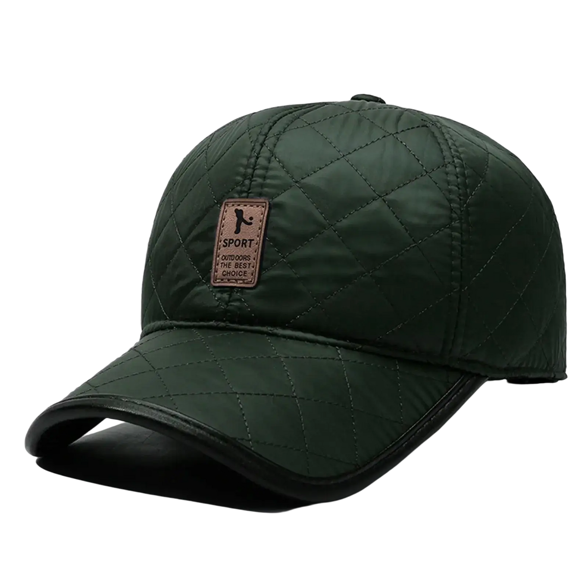 Dark green quilted baseball cap with black brim brown leather patch and warm ear flaps ideal for christmas hats