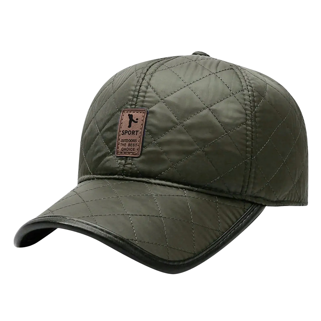 Olive green quilted baseball cap with warm ear flaps black leather trim and brown sport outdoors patch perfect for christmas hat