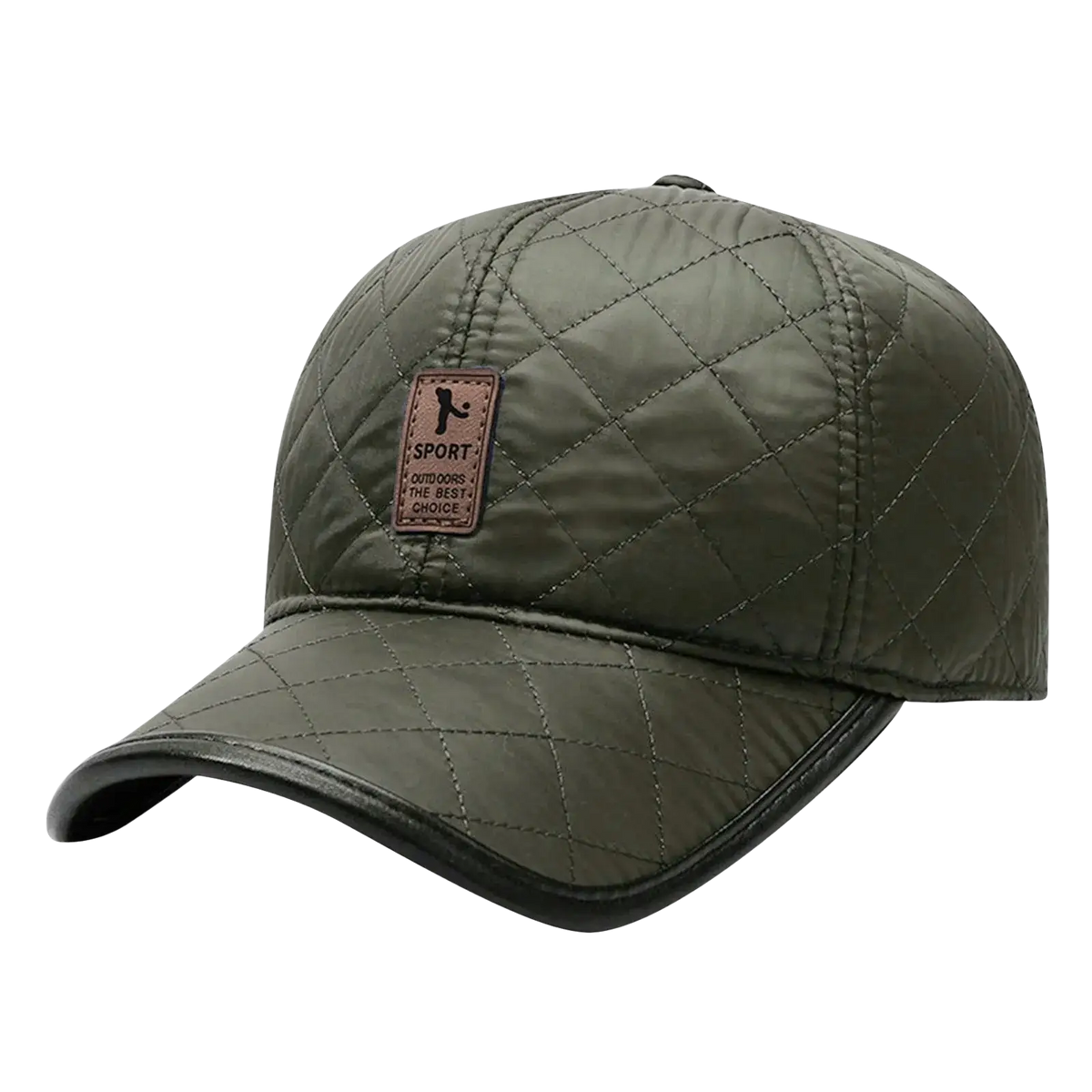 Olive green quilted baseball cap with warm ear flaps black leather trim and brown sport outdoors patch perfect for christmas hat