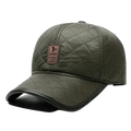 Olive green quilted baseball cap with warm ear flaps black brim and brown leather patch sport text christmas hat
