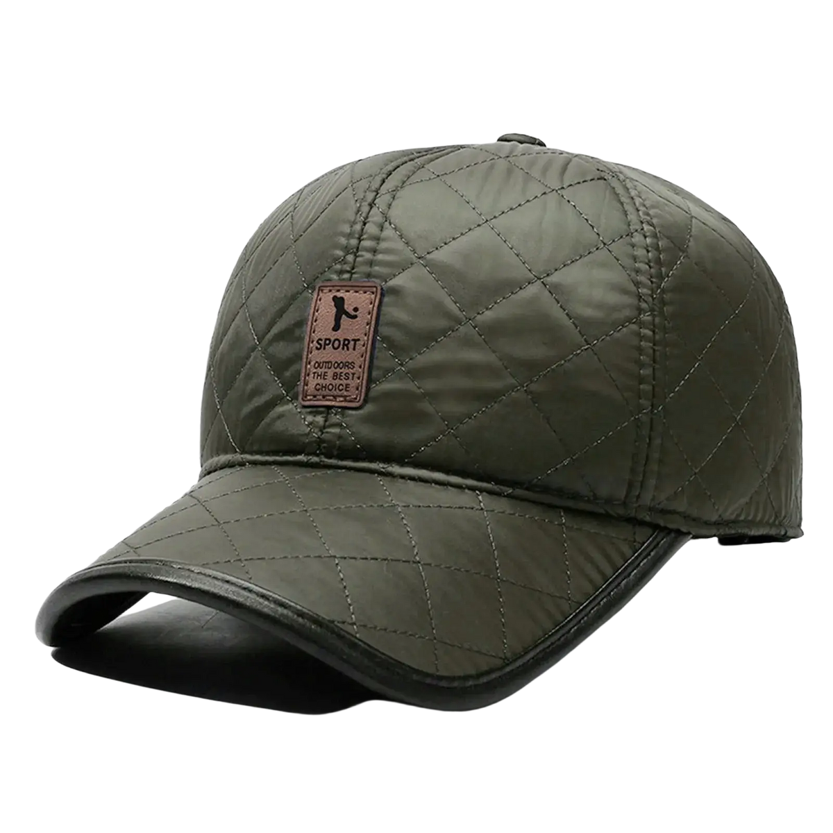Olive green quilted baseball cap with warm ear flaps black brim and brown leather patch sport text christmas hat