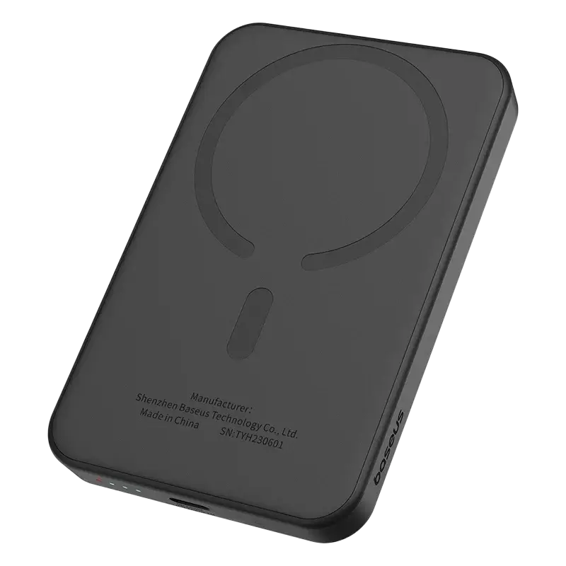 Black matte magnetic power bank with 20w wireless charging pad and baseus branding highlighting energy conversion rate