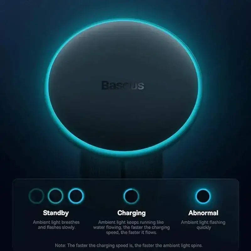 Baseus magnetic wireless car charger 15w with sleek black circular design and glowing blue ambient light ring