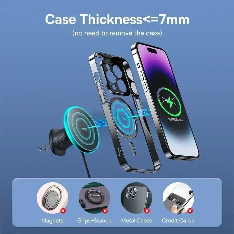 Thin black baseus magnetic wireless phone case with built-in 15w wireless charging pad shown from the back side