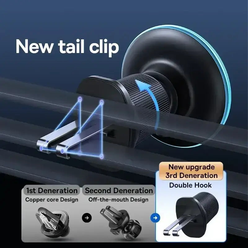 Black and silver tail clip with double hook design for baseus magnetic wireless car charger 15w phone holder back side