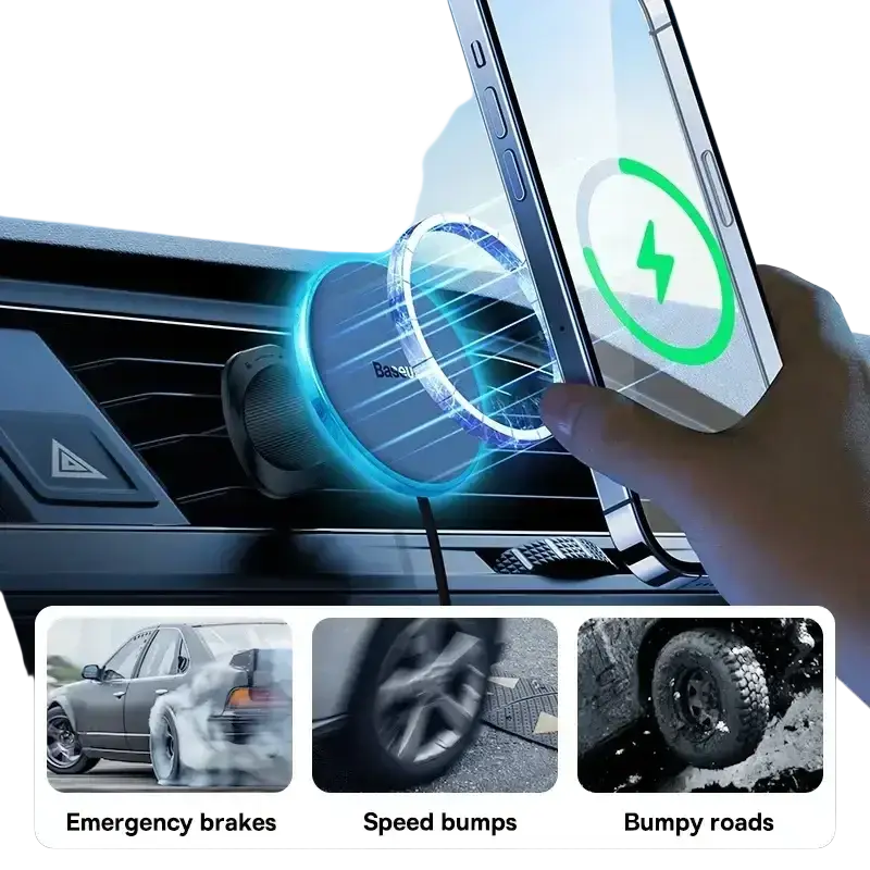 Blue circular baseus magnetic wireless car charger 15w with sleek modern design and visible baseus branding