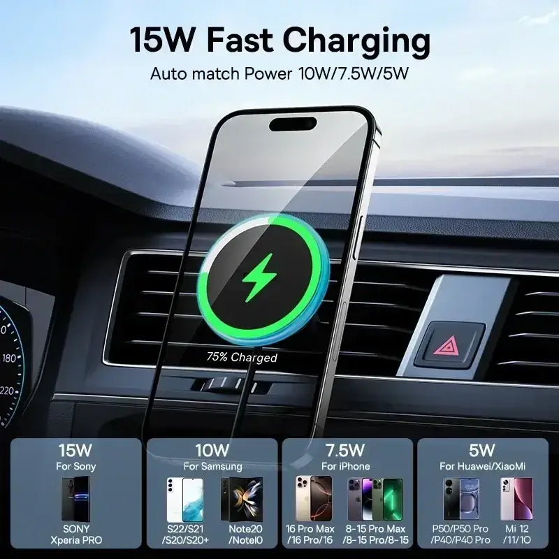 Baseus magnetic wireless 15w black car mount holding smartphone with 75% charge and glowing green indicator