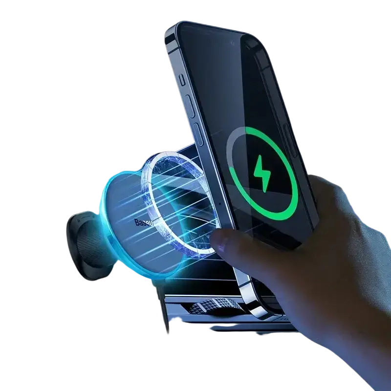 A sleek black smartphone with glossy finish charging on a blue-lit baseus magnetic wireless car charger 15w pad