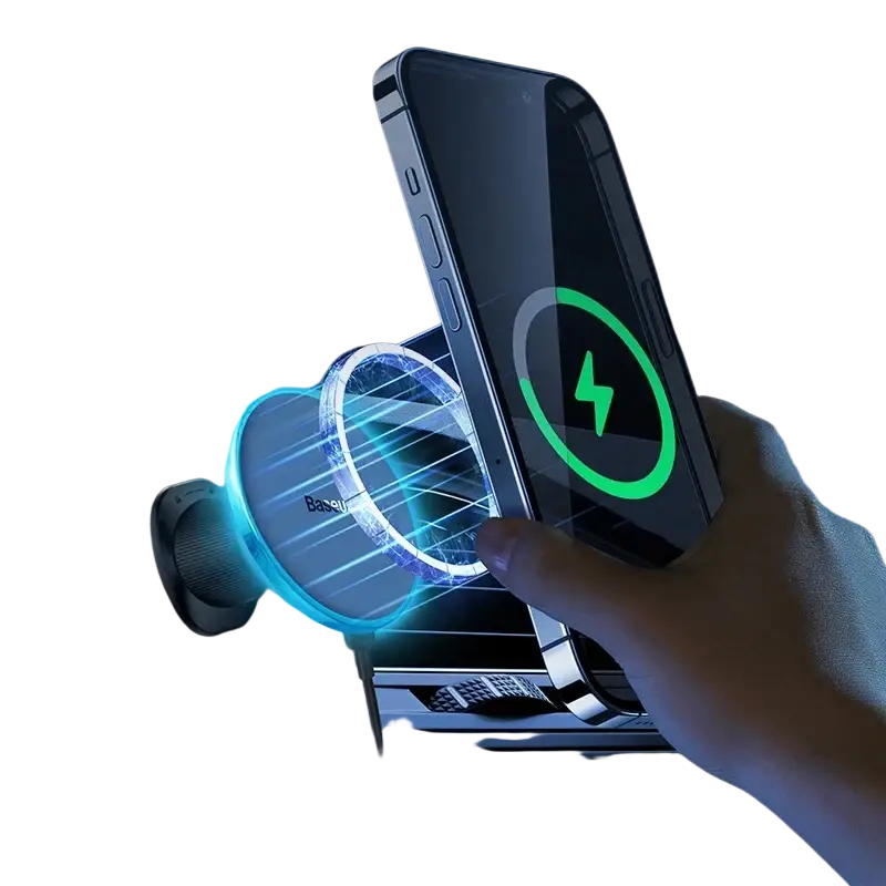 Baseus magnetic wireless charger car mount 15w with sleek circular design and glowing blue led ring for wireless charging
