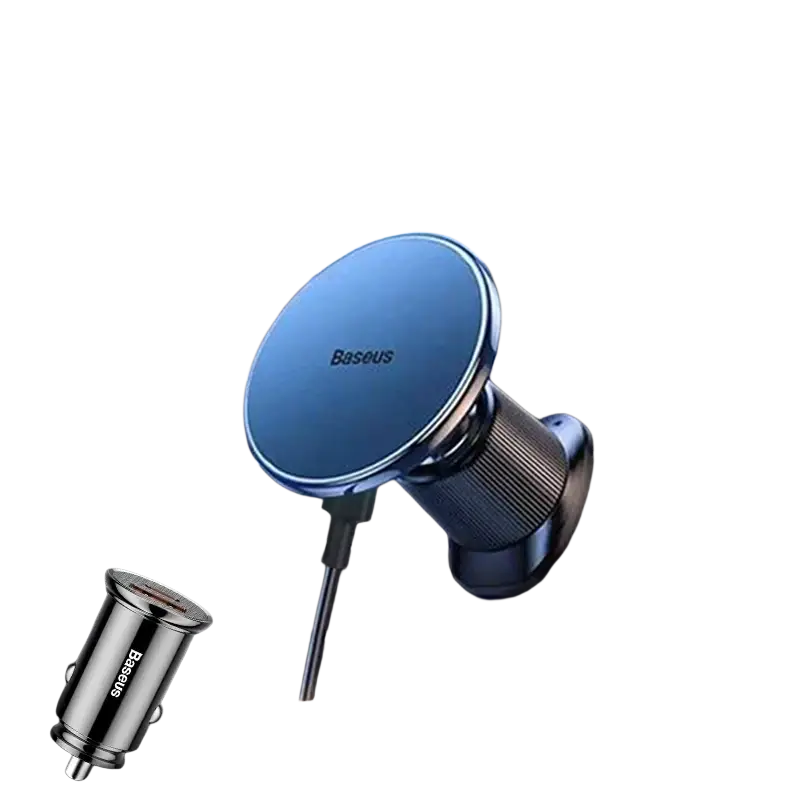 Blue baseus magnetic wireless charger car mount with type c and usb ports for 15w fast charging
