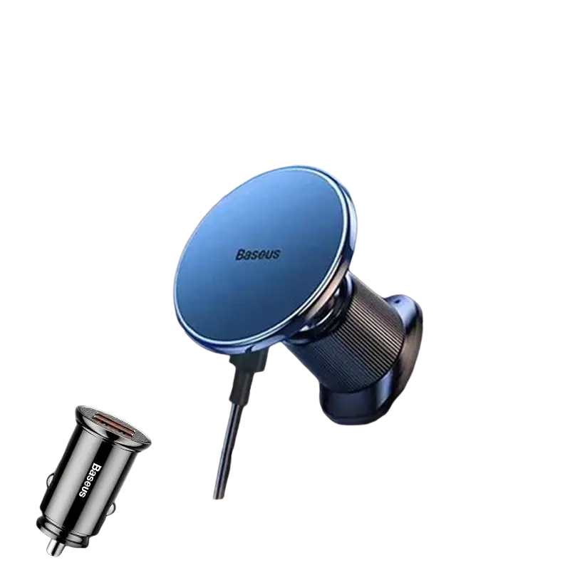 Blue circular baseus magnetic wireless car charger with metallic base and usb cables for 15w fast charging