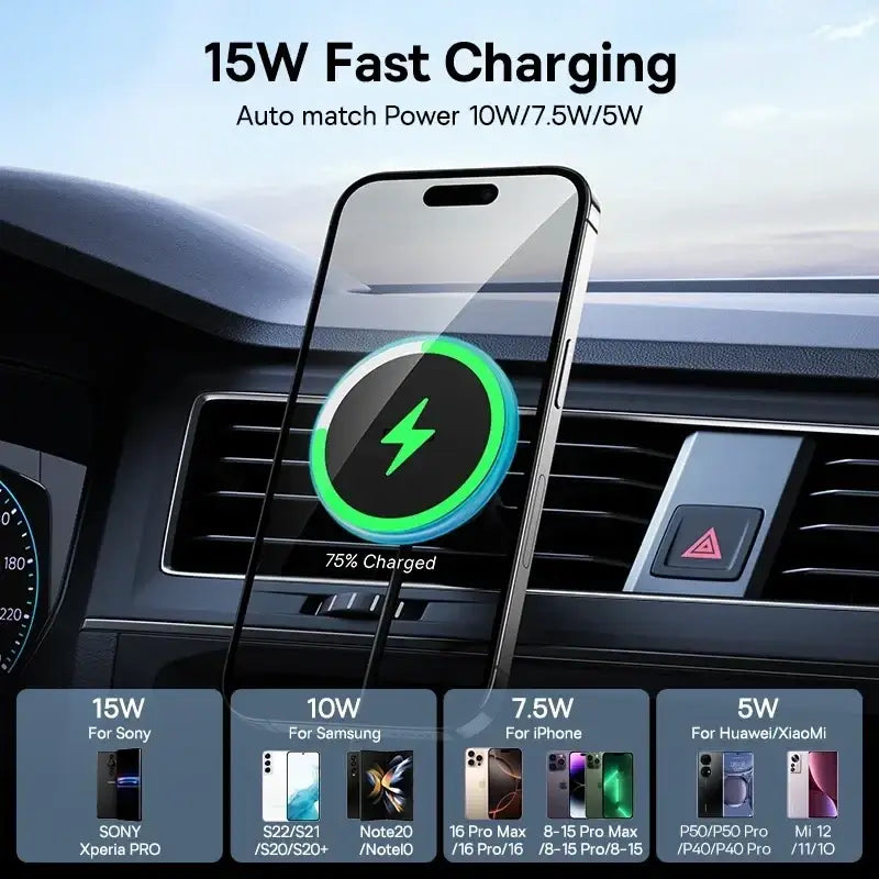 Baseus magnetic wireless charger car mount in black holding a smartphone at 75 charge with 15w wireless charger pad